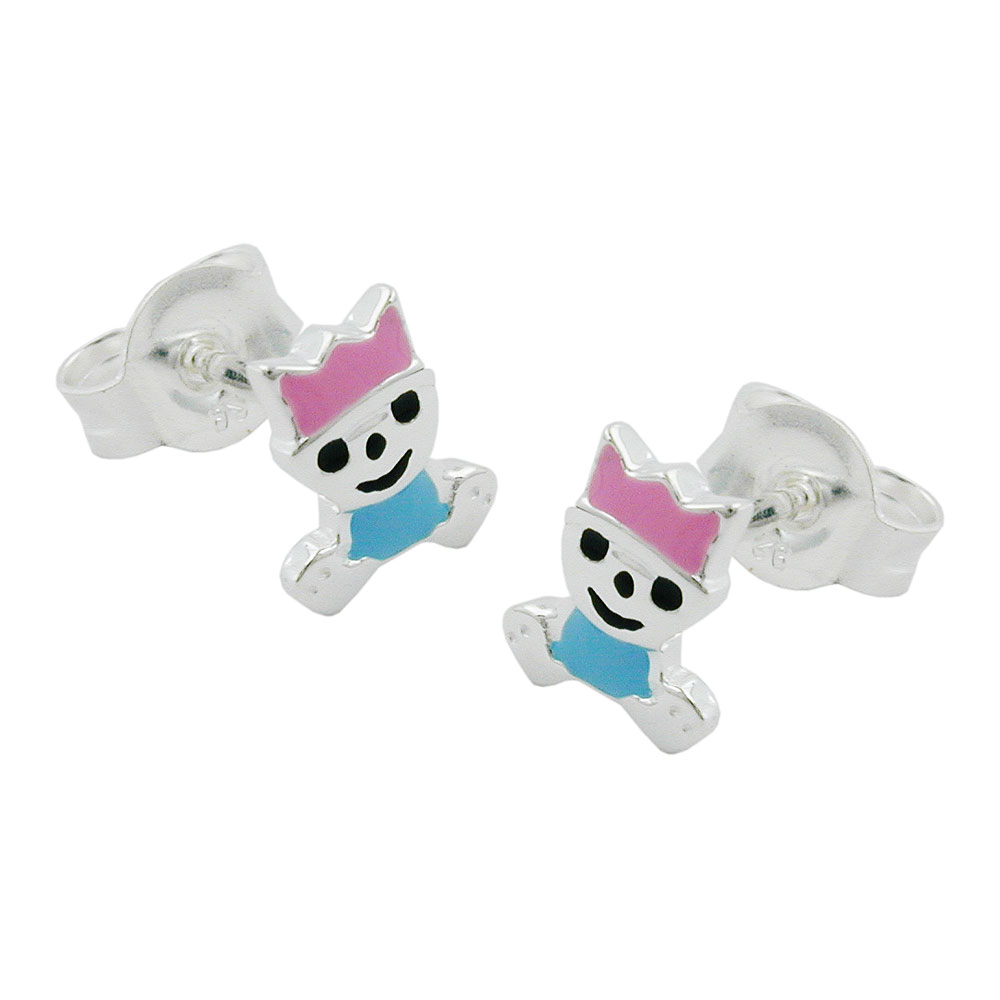 Ohrstecker Ohrring 7x6mm kleiner König pink-hellblau lackiert Silber 925