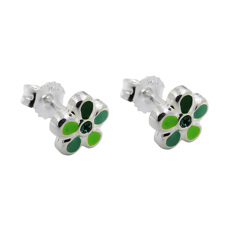 Ohrstecker Ohrring 6,5mm Kinderohrring Blume grün-lackiert Silber 925
