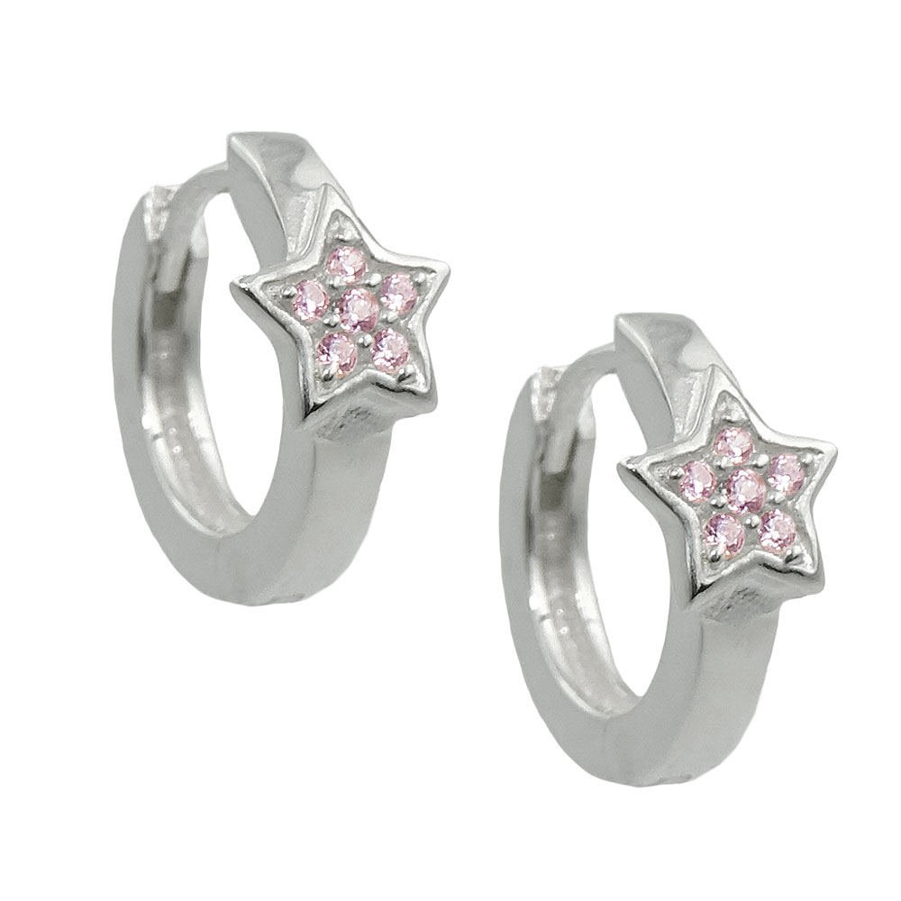 Creole 12x2mm Klappscharnier Stern mit Zirkonias pink Silber 925