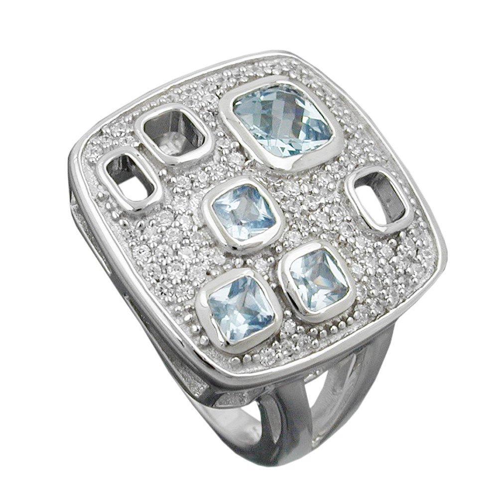 Ring 18mm Viereck Zirkonias aqua weiß glänzend rhodiniert Silber 925 Ringgröße 56 (Ringgröße 56/17,8)