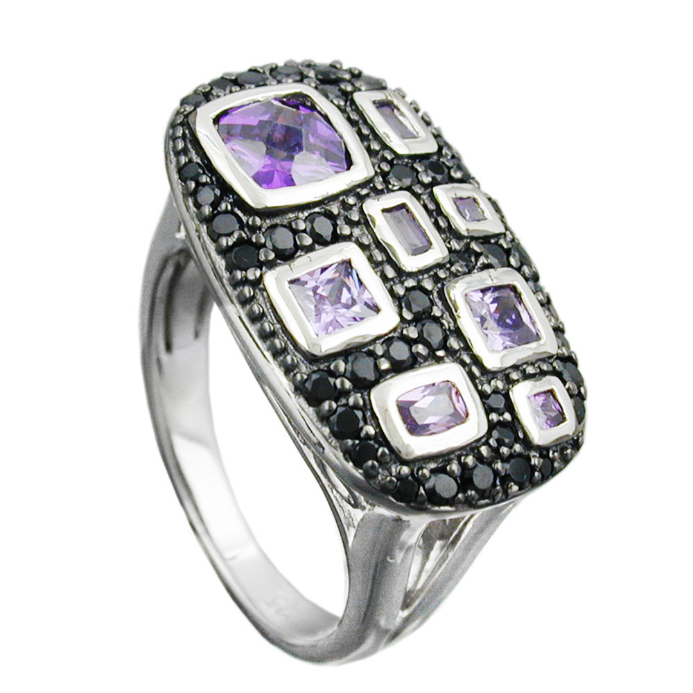 Ring 13x22mm mit Zirkonias lila-schwarz glänzend rhodiniert Silber 925 Ringgröße 62 (Ringgröße 62/19,7)