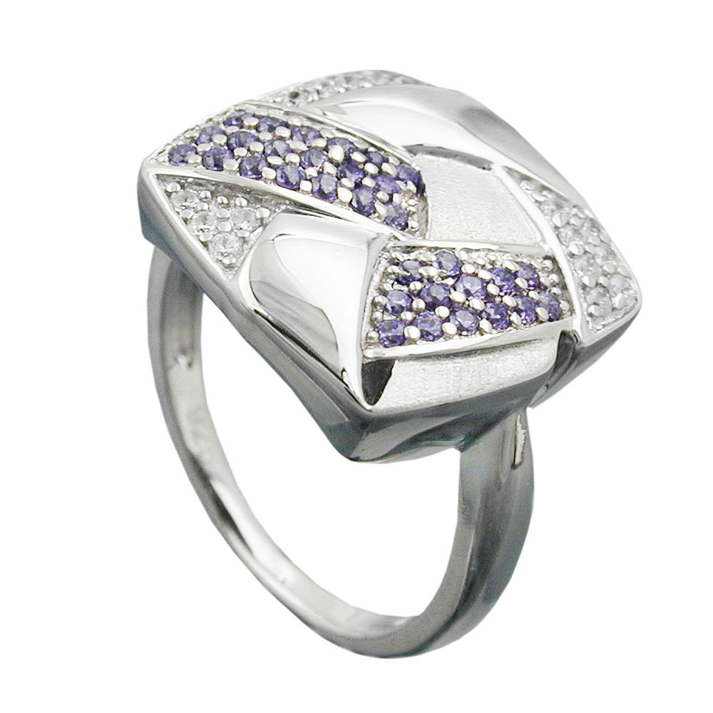 Ring 16x16mm mit Zirkonias lila-weiß matt-glänzend rhodiniert Silber 925 Ringgröße 60 (Ringgröße 60/19,1)