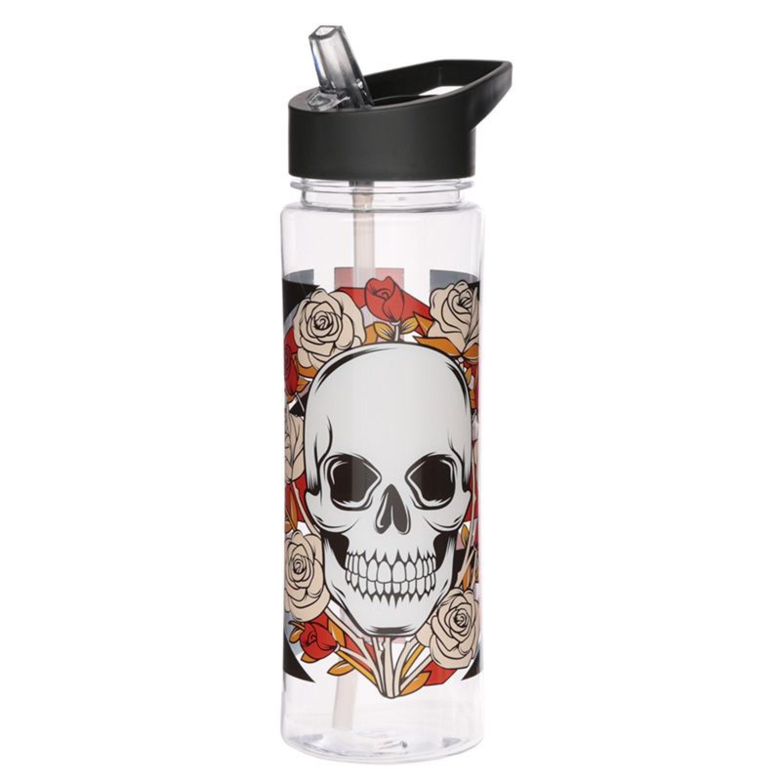 Skulls & Roses britische Flagge wiederverwendbare Plastik-Wasserflasche mit faltbarem Strohhalm 550ml