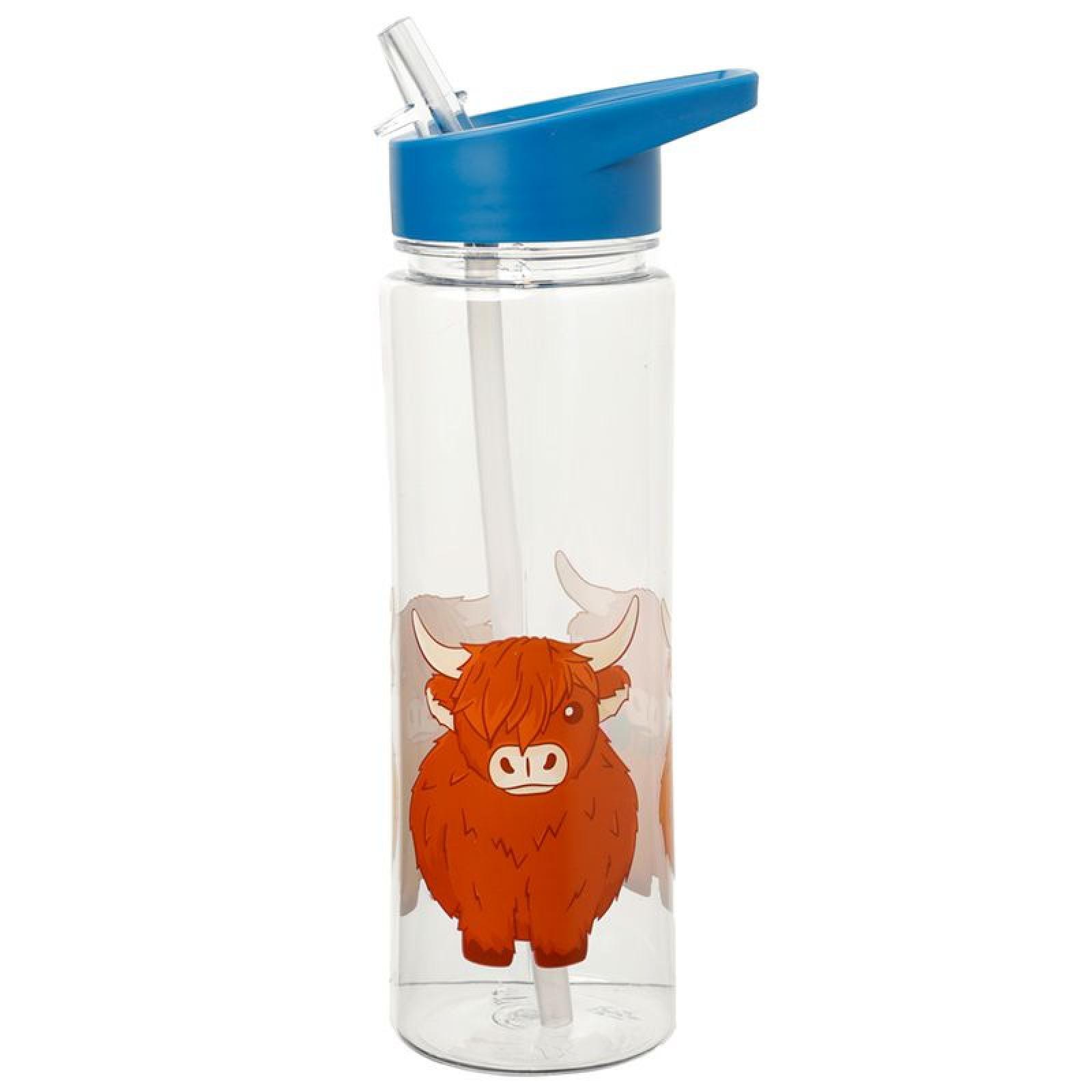 Highland Coo Kuh wiederverwendbare Plastik-Wasserflasche mit faltbarem Strohhalm 550ml